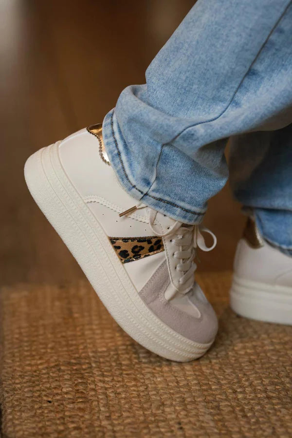 Leopard Stripe White and Gray Vegan Leather Platform Sneakers