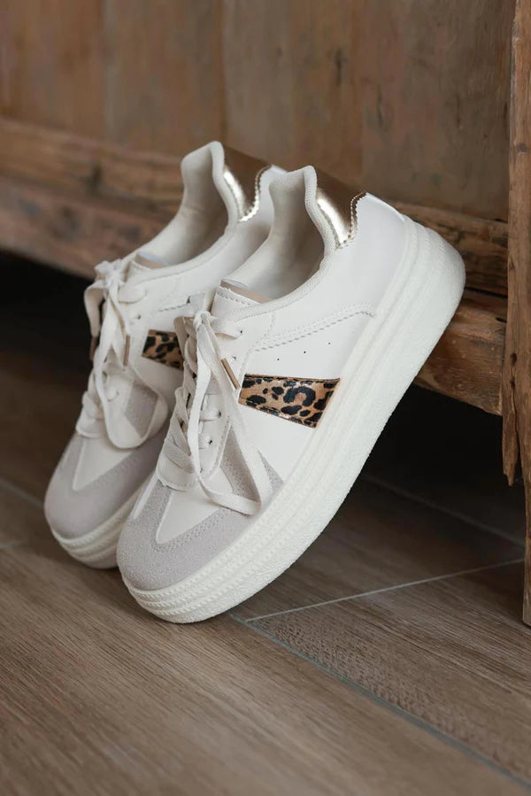 Leopard Stripe White and Gray Vegan Leather Platform Sneakers