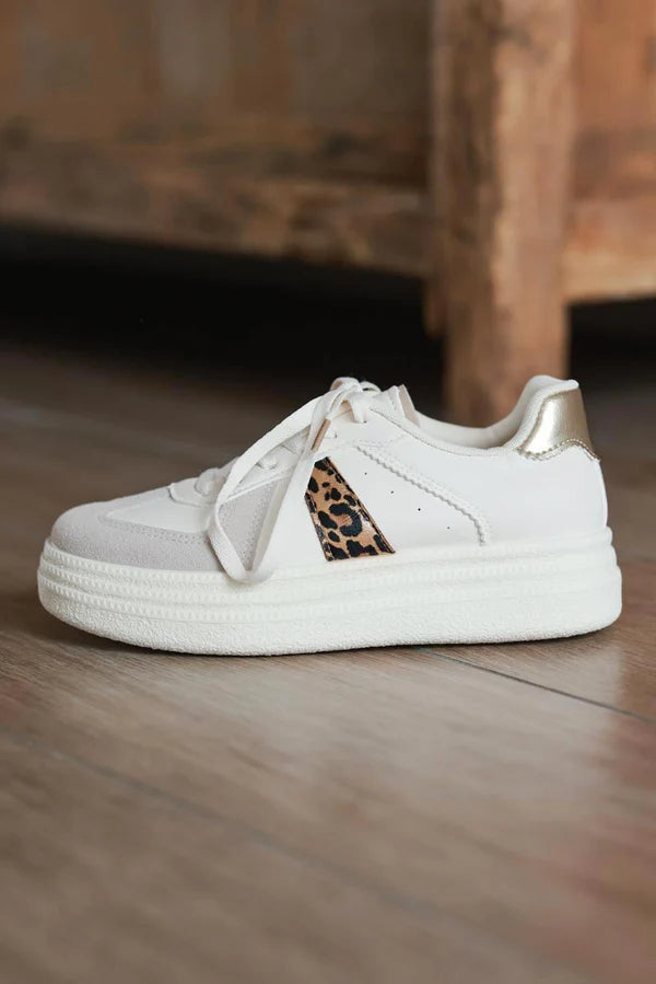 Leopard Stripe White and Gray Vegan Leather Platform Sneakers