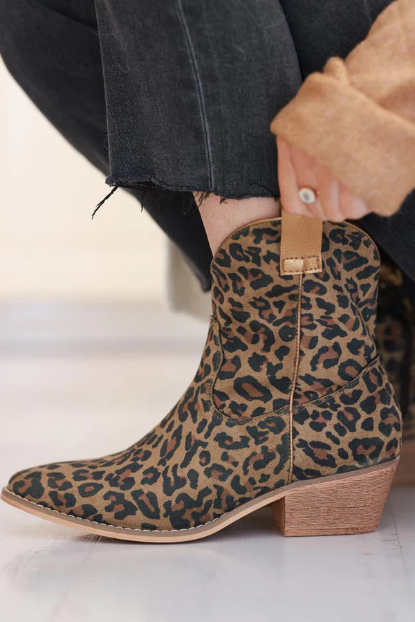 Leopard Sueded Cowboy Ankle Boots