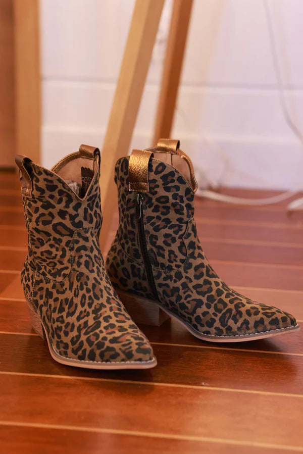 Leopard Sueded Cowboy Ankle Boots