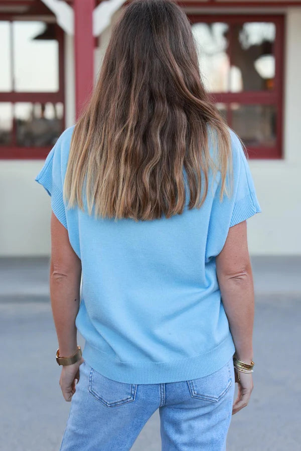 Light Blue Cap-Sleeve Knit Top