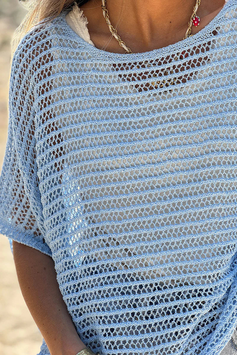 Light Blue Open Crochet Dolman Top
