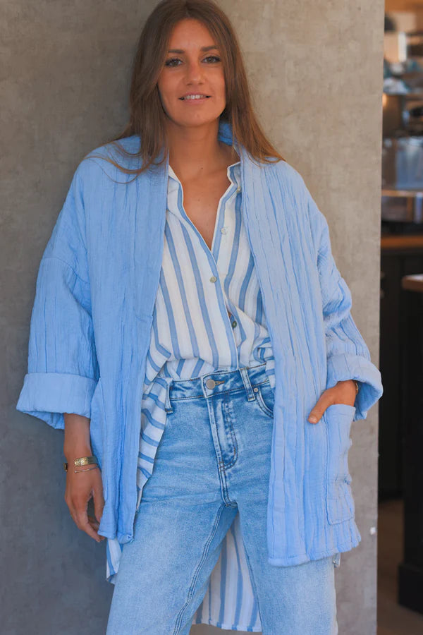 Light Blue Relaxed Fit Crinkle Cotton Gauze Jacket