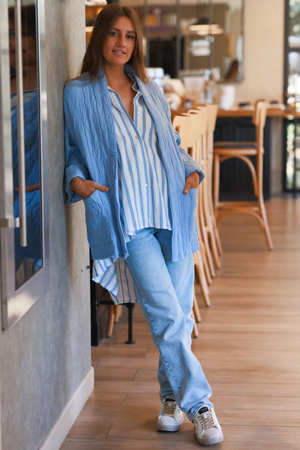 Light Blue Relaxed Fit Crinkle Cotton Gauze Jacket