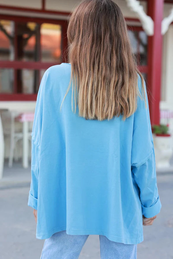 Light Blue Stretch Knit Long-Sleeve Slouchy Tee