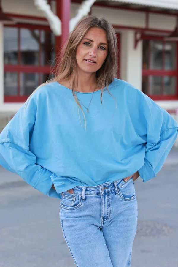 Light Blue Stretch Knit Long-Sleeve Slouchy Tee