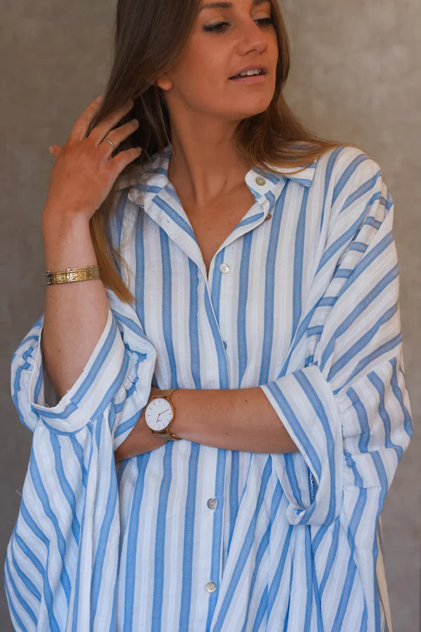 Light Blue Stripe Slouchy Cotton Button-Down Shirt