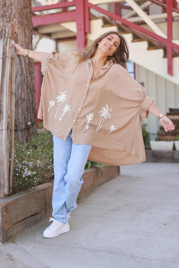 Light Camel Linen Blend Oversized Button-Down Shirt with Palm Tree in Boucle