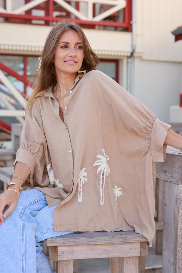 Light Camel Linen Blend Oversized Button-Down Shirt with Palm Tree in Boucle