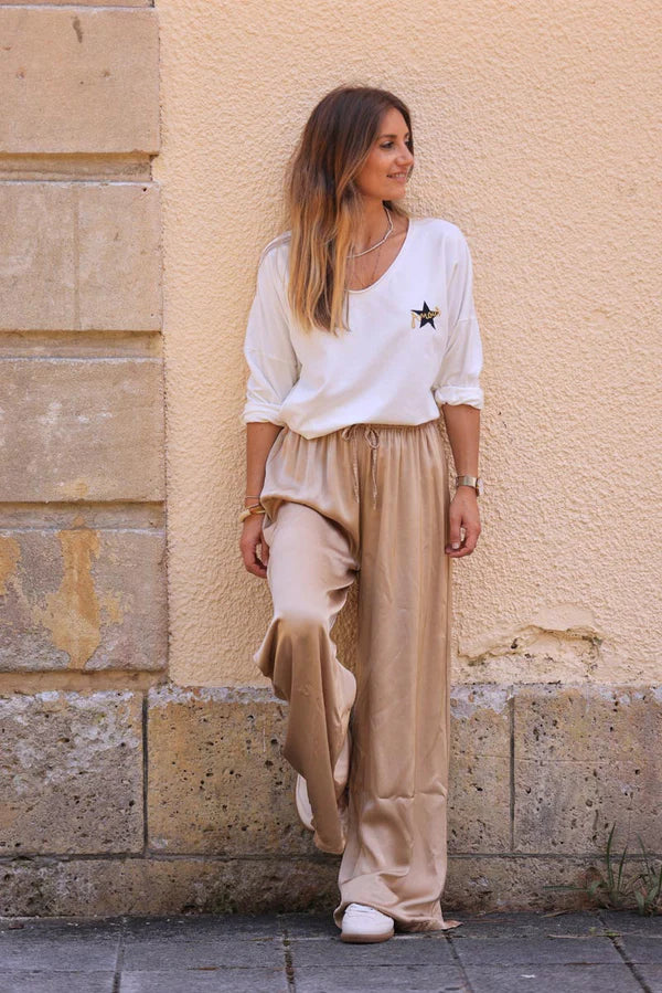 Light Camel Silky Wide Leg Floaty Pants