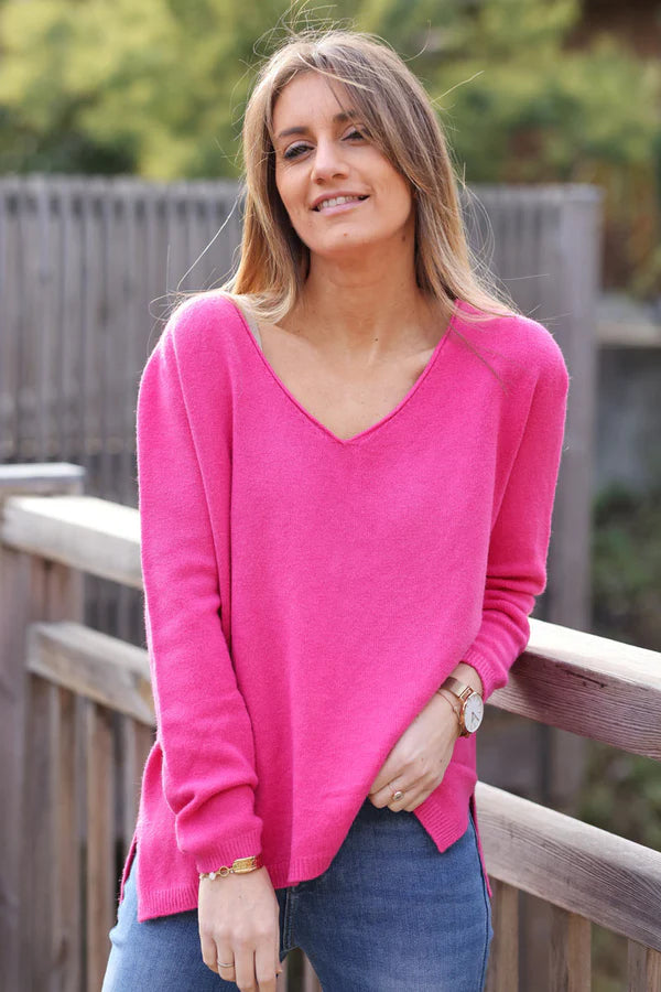 Hot Pink Soft Basic V-neck Sweater