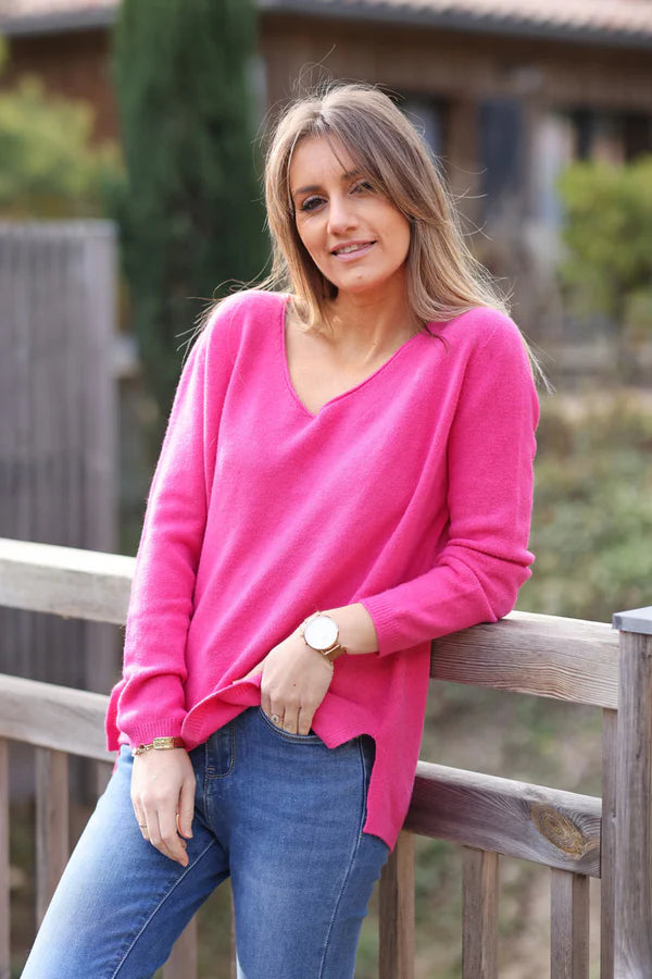 Hot Pink Soft Basic V-neck Sweater