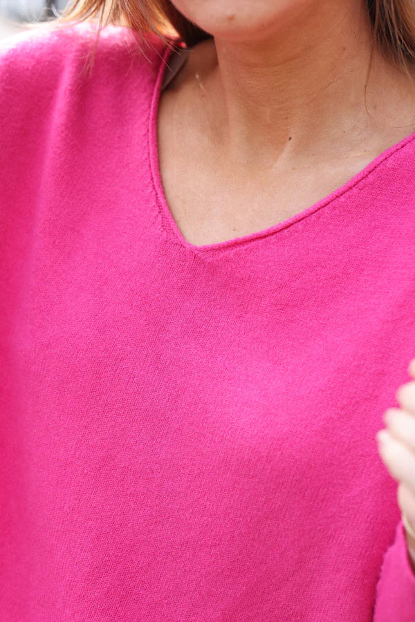 Hot Pink Soft Basic V-neck Sweater