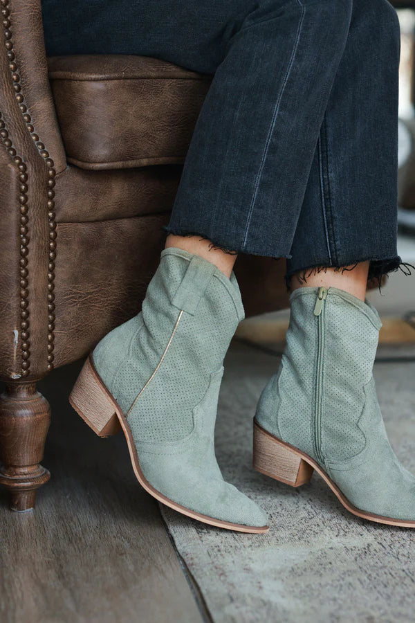 Light Olive Sueded Cowboy Ankle Boots