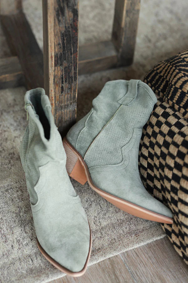 Light Olive Sueded Cowboy Ankle Boots