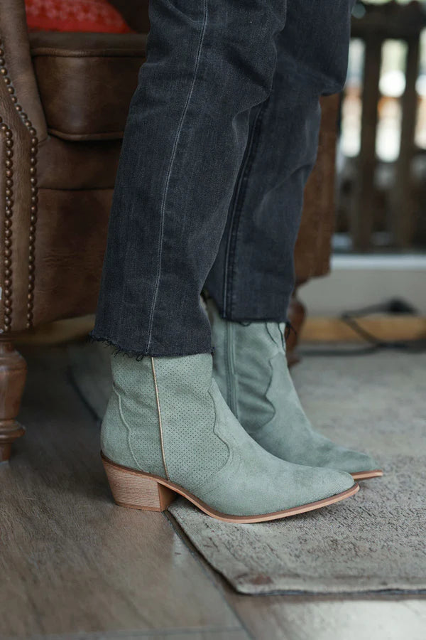 Light Olive Sueded Cowboy Ankle Boots