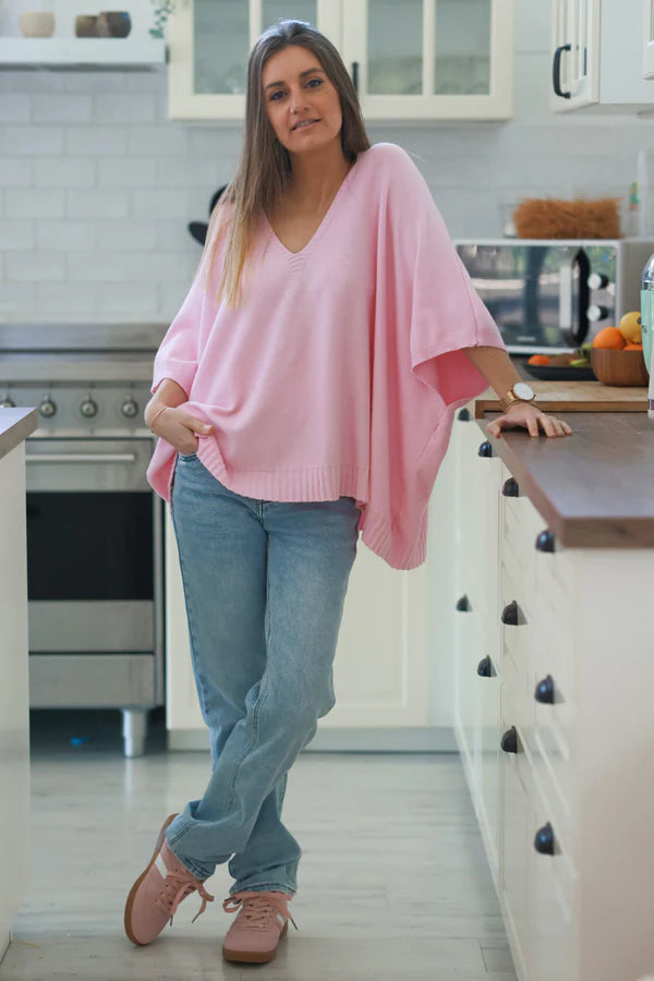 Light Pink Star Slouchy V-Neck Poncho Sweater