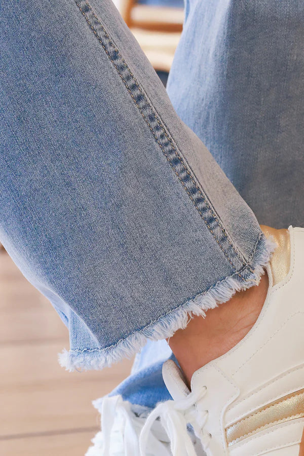 Light Wash Frayed Hem Jeans with Sash Belt