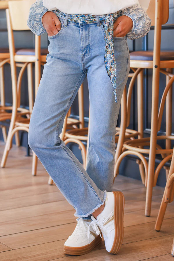 Light Wash Frayed Hem Jeans with Sash Belt