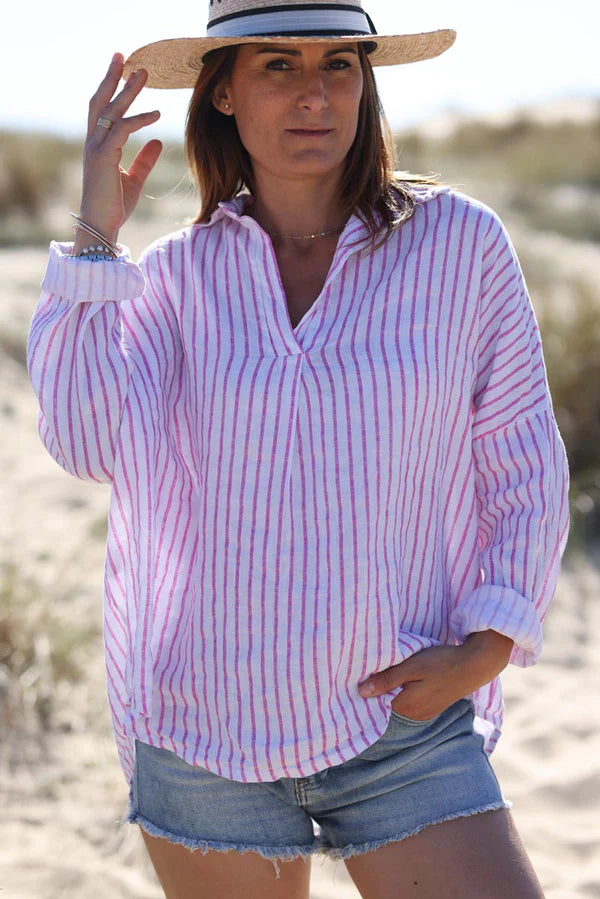 Linen v-neck shirt blouse vertical pink stripes