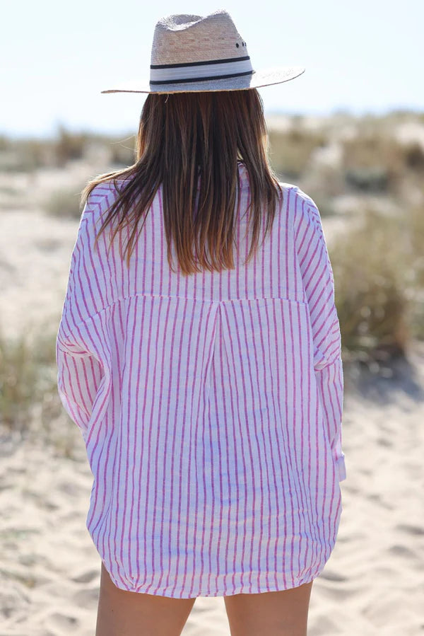 Linen v-neck shirt blouse vertical pink stripes