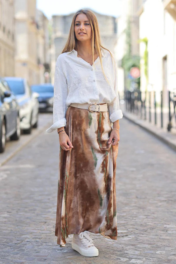 Long maxi silk skirt with camel and khaki tie dye print