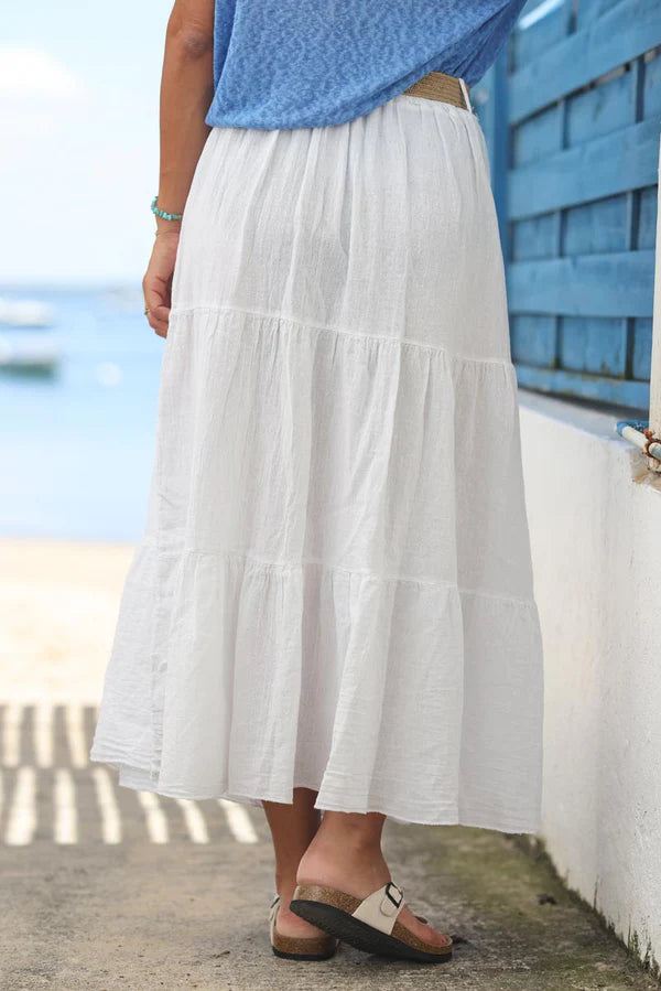 Long white cotton skirt with belt