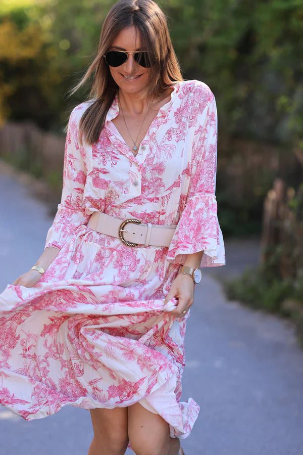 Tiered maxi dress with toile de jouy hot pink print