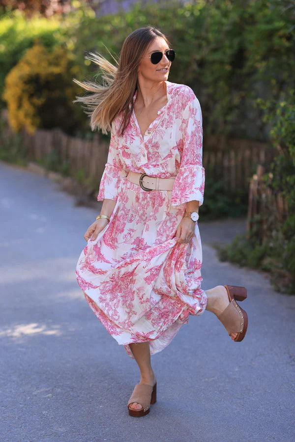 Tiered maxi dress with toile de jouy hot pink print