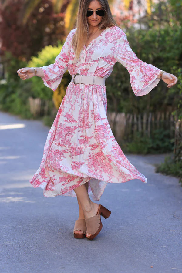 Tiered maxi dress with toile de jouy hot pink print