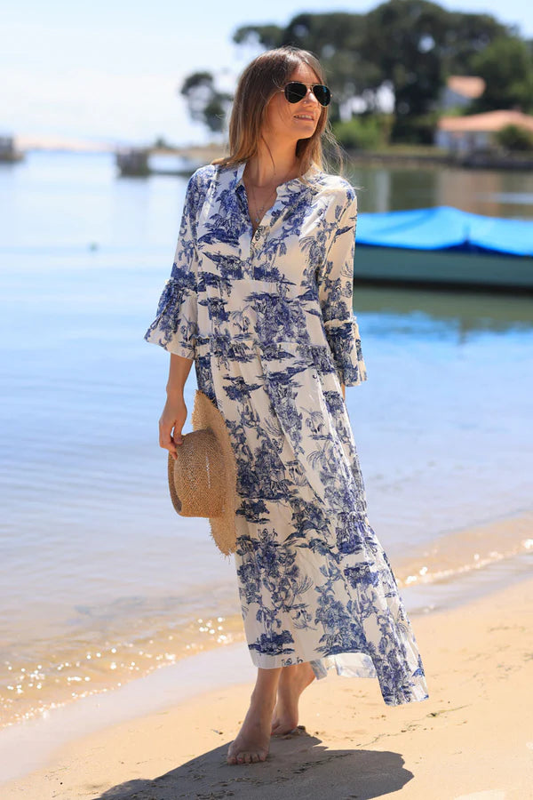 Tiered maxi dress with toile de jouy navy blue print