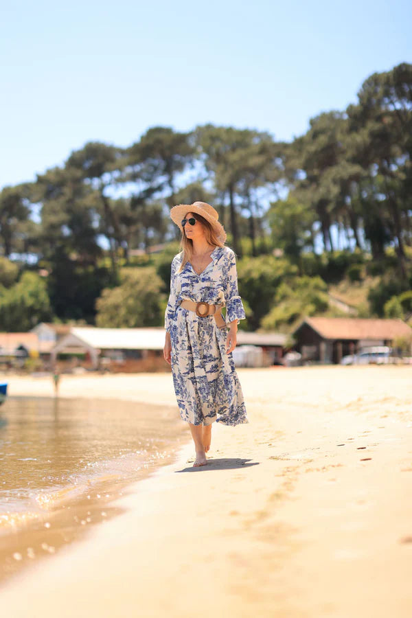 Tiered maxi dress with toile de jouy navy blue print