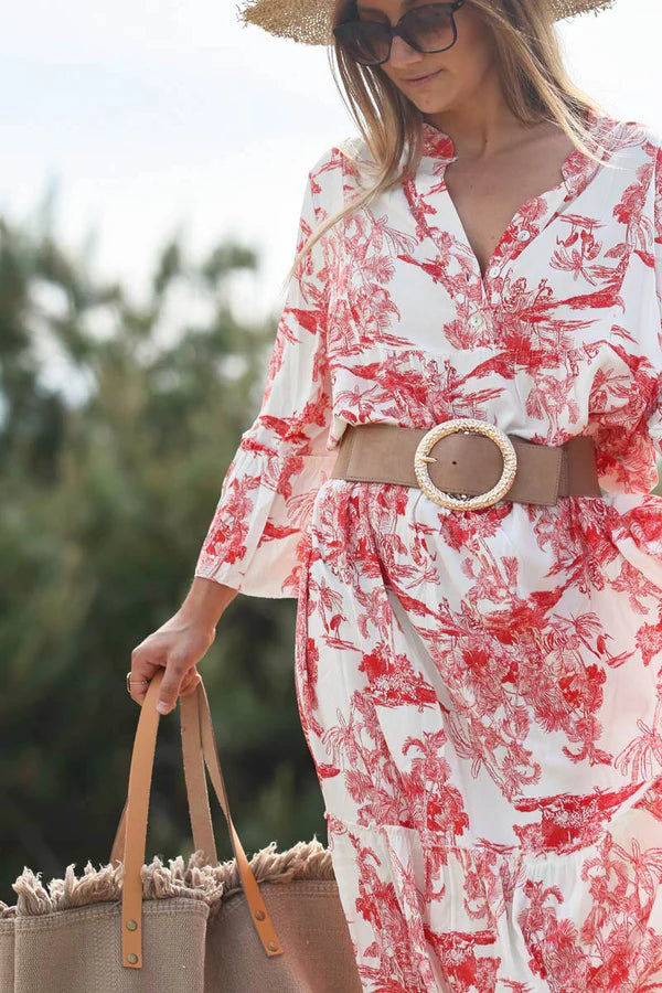 Tiered maxi dress with toile de jouy red print