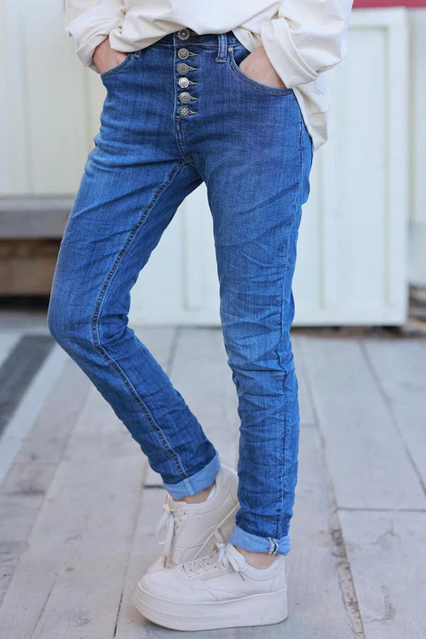 Medium Wash Button-Fly Tapered Skinny Jeans