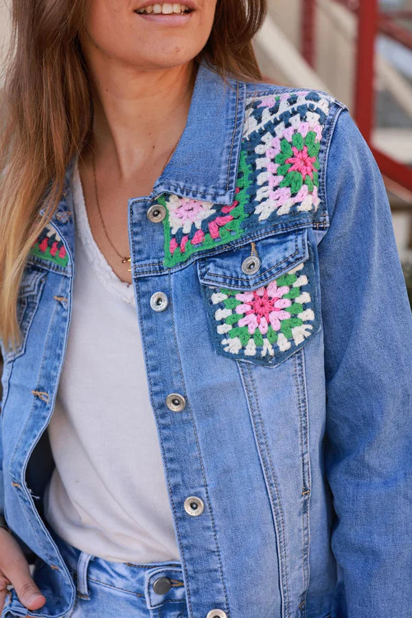 Medium Wash Crochet Squares Denim Jacket