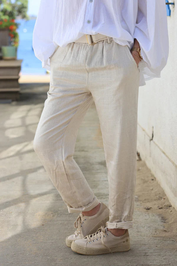 Metalic silver and beige supple linen trousers with fabric belt