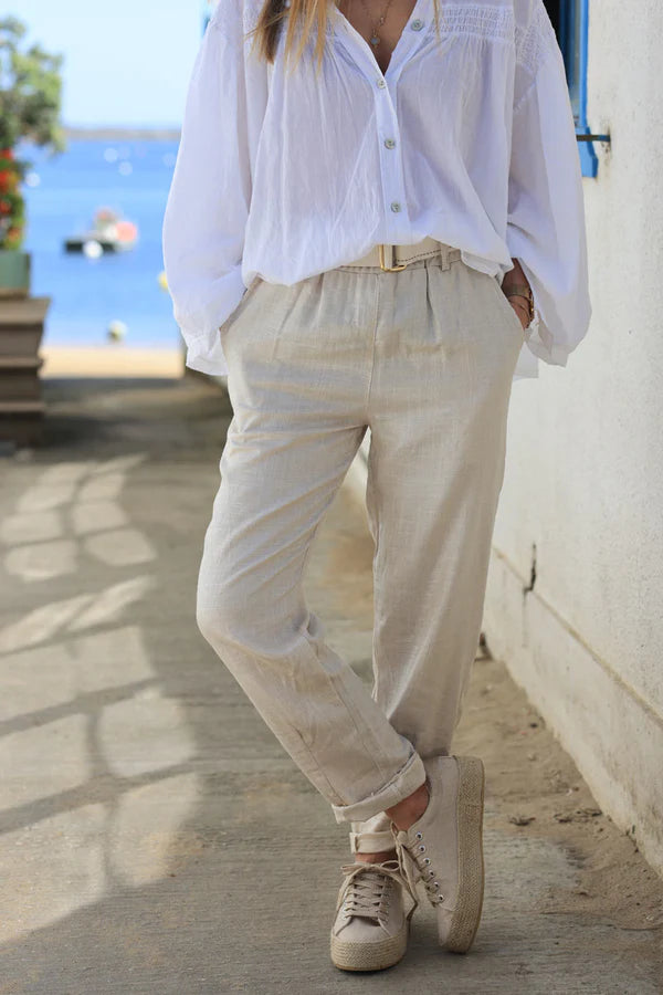 Metalic silver and beige supple linen trousers with fabric belt