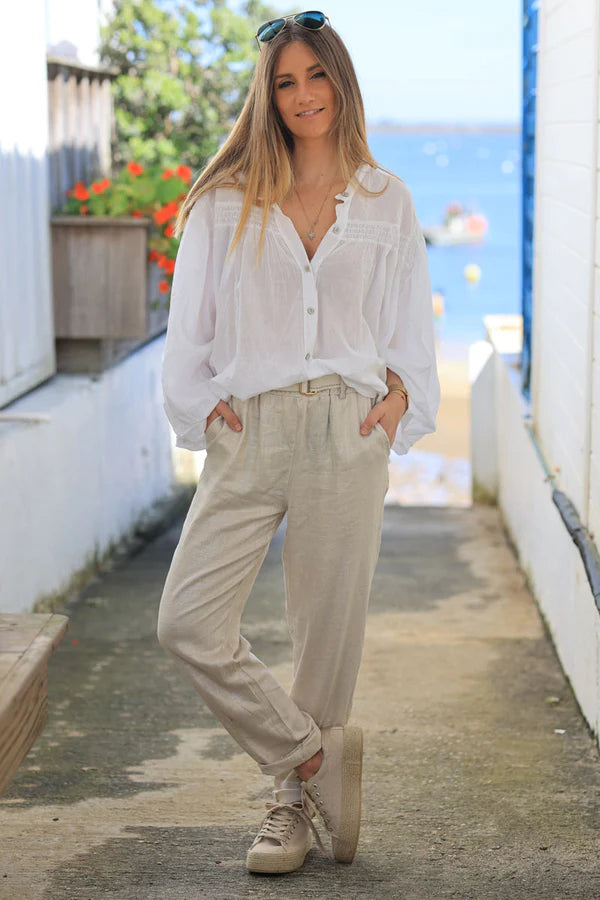 Metalic silver and beige supple linen trousers with fabric belt