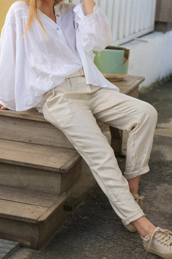 Metalic silver and beige supple linen trousers with fabric belt