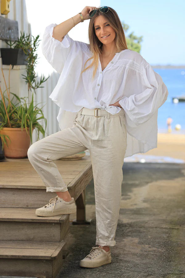 Metalic silver and beige supple linen trousers with fabric belt