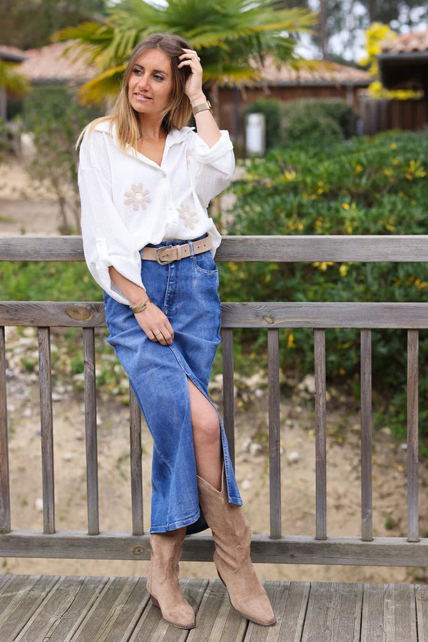 Mid washed denim maxi skirt with front slit