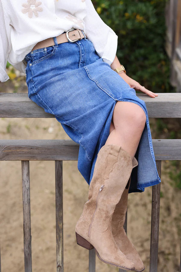 Mid washed denim maxi skirt with front slit