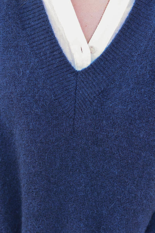 Navy blue Alpaca Knit V-Neck Sweater