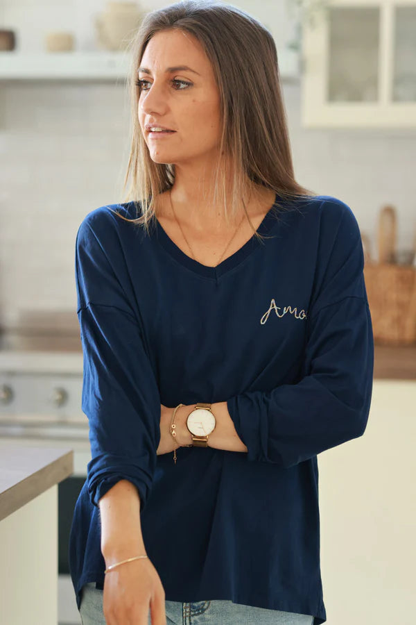 Navy blue “Amour” Long-Sleeve V-Neck Tee