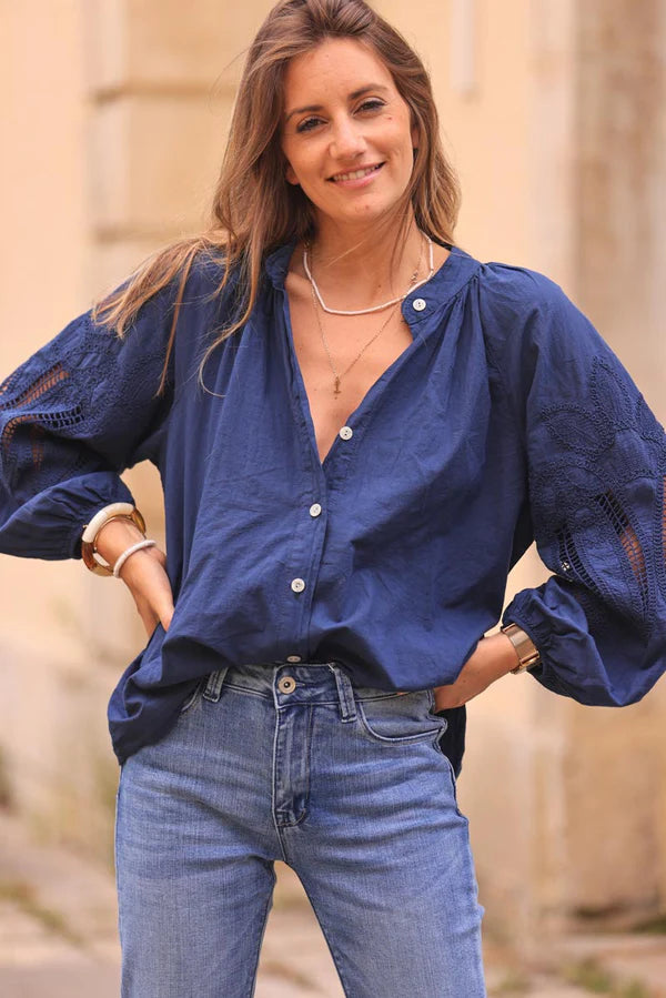 Navy blue Blouse with Open Crochet Sleeves