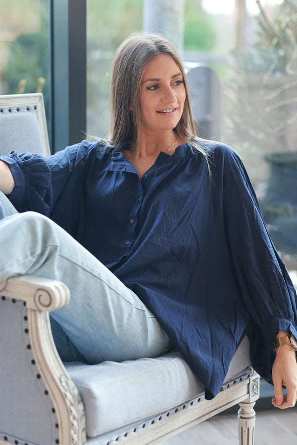 Navy Blue Cotton Button-Down Peasant Blouse