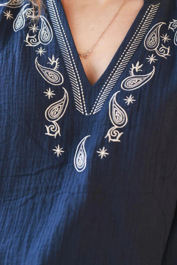 Navy Blue Cotton Gauze Blouse with Paisley Embroidery