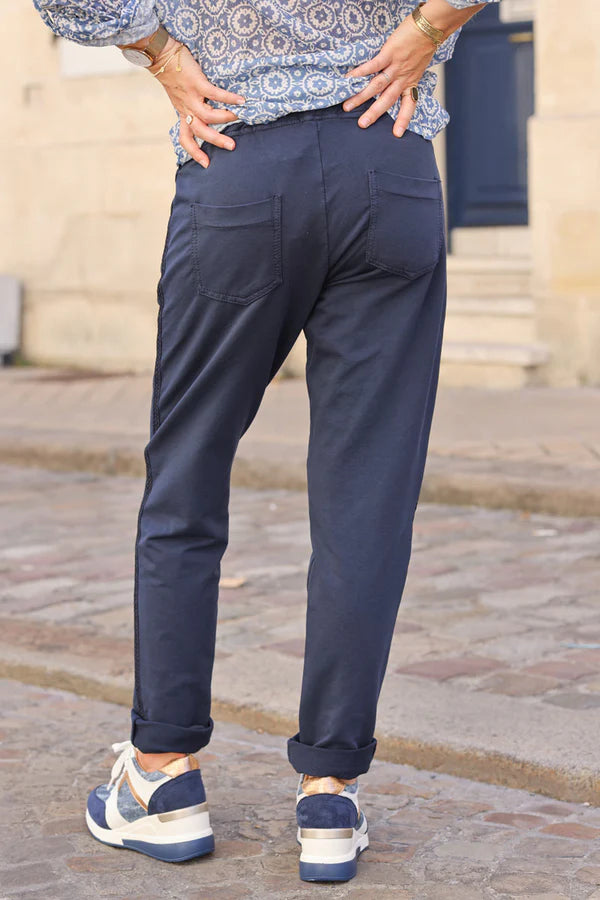 Navy blue Cotton Sweatpants Bottoms with Embroidered Cheveron Outseams