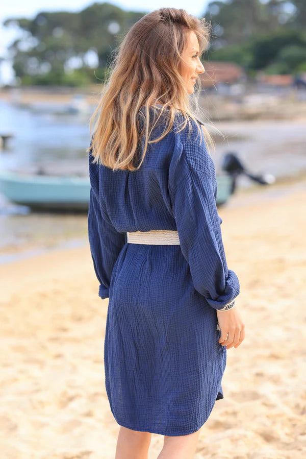 Navy blue crinkle cotton gauze dress with mother of pearl buttons